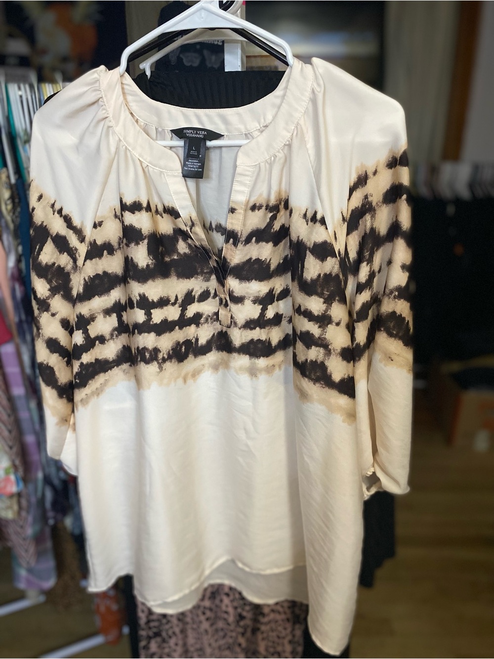 Vera Wang Cream Blouse with Black Tie-Dye Stripes